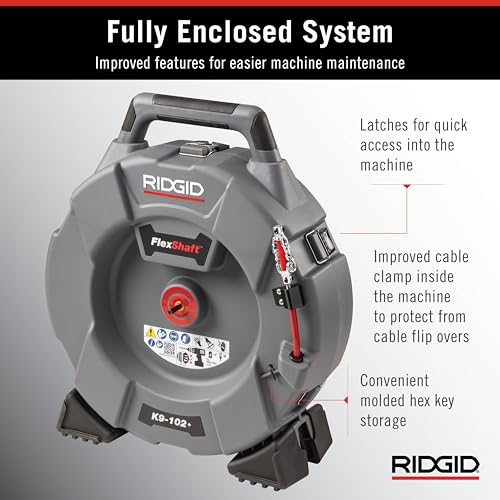 RIDGID 76193 FlexShaft K9-102+ Drain Cleaning Machine for 1 1/4-2" (32-50 mm) Pipes with 50' (15,2 m) 1/4" (6 mm) Cable and Kit