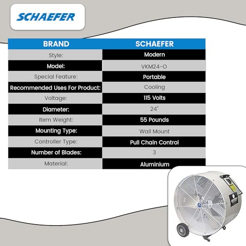 Schaefer VKM24-O 24" Versa-Kool Mobile Spot Cooler Fan, 1/2 HP, 1-Speed, OSHA Guards, White. Industrial Floor Fan for Warehouse, Shop, Commercial