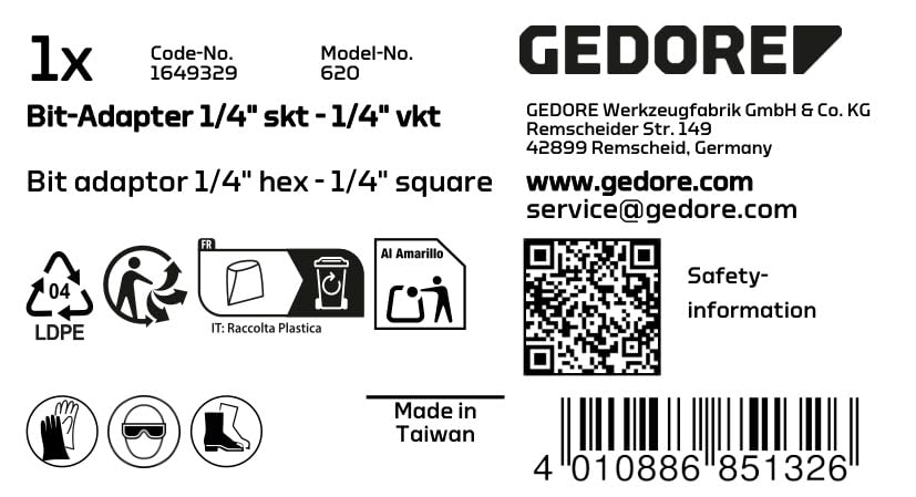 Gedore 620 Bit Adaptor, 1/4" Square to 1/4" Hex