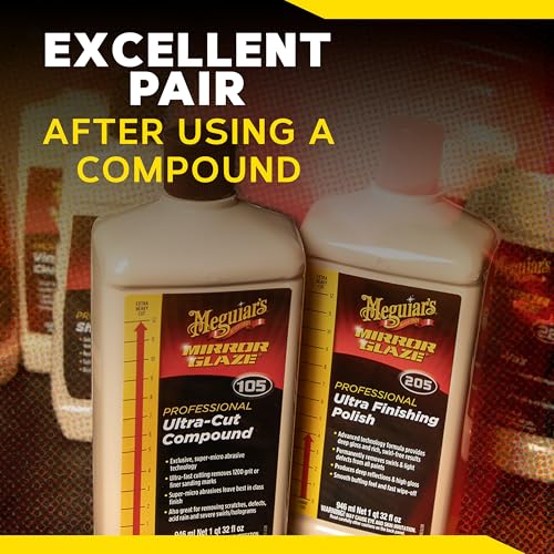 Meguiar's M205 Mirror Glaze Ultra Finishing Polish, Easy-to-Use Formula for Impeccable Shine, Multiple Ways to Apply Mirror Glaze, Removes Defects and Swirls for a High Gloss, 32 Oz Container