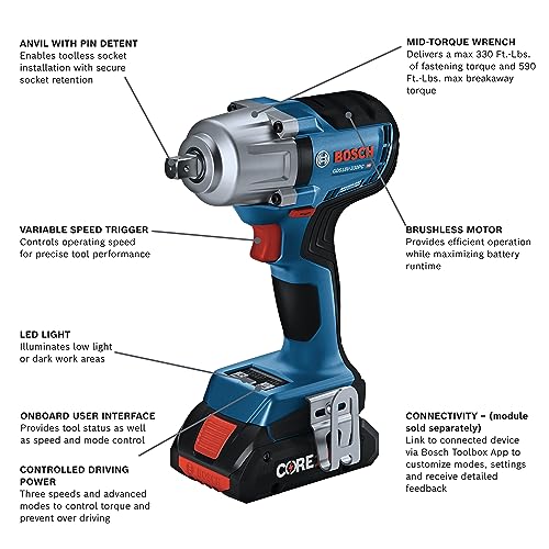 BOSCH 18V 1/2 In. Impact Wrench with Friction Ring Mid Torque and Thru-Hole Connected Ready (Bare Tool)