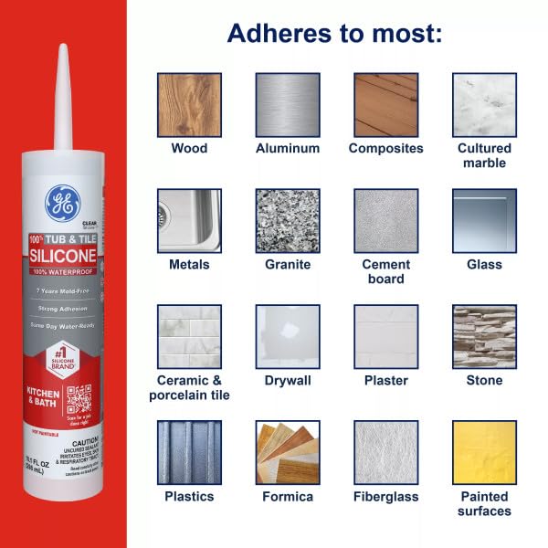 GE Tub and Tile Silicone Caulk for Kitchen and Bathroom, 100% Waterproof Silicone Paste, Excellent Flexibility, Shrink and Crack Resistant, 10oz Cartridge, Clear (Pack of 12)