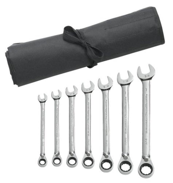 GEARWRENCH 9567RN 7 Pc. 12 Point Reversible Ratcheting Combination SAE Wrench Set with Tool Roll