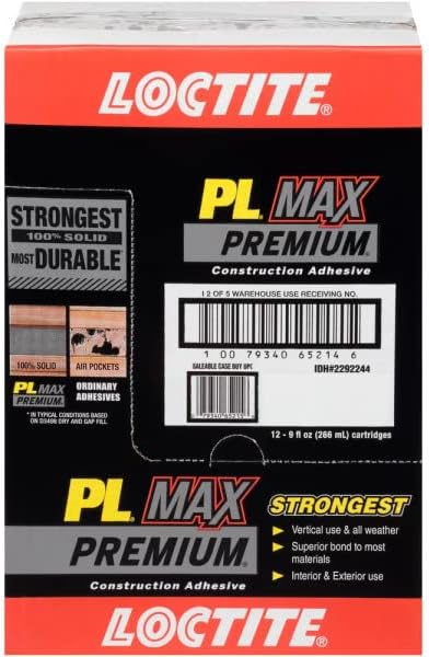 Loctite 2292244 PL Premium Max Construction Adhesive, 9 fl oz Cartridge, Versatile Construction Glue for Wood, Concrete, Stone & More (Pack of 12)