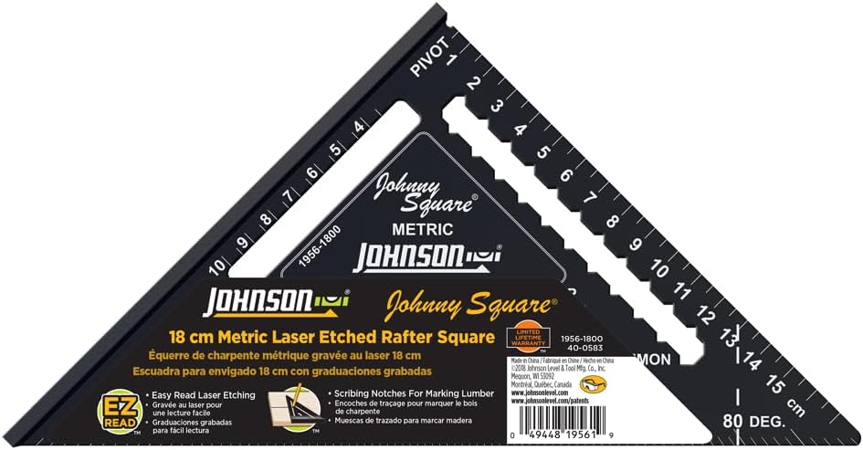 Johnson 1956-1800 Metric Johnny Square Professional Easy-Read Aluminum Rafter Square, 18cm, Black, 1 Square 18cm Metric