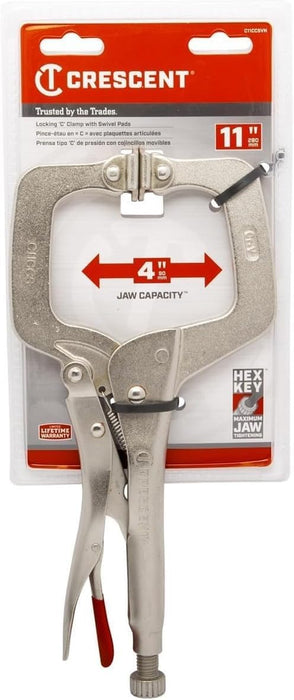 Crescent C11CCSVN Locking 11" C-Clamp with Swivel Pad Tips, Heavy-Duty Adjustable Clamp with Hex Key Recess & Compound Action