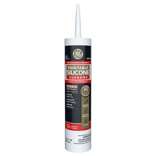 GE Supreme Paintable Silicone Caulk for Kitchen & Bathroom, White, 9.5 fl oz Cartridge, 100% Waterproof Silicone Sealant, 7X Stronger Adhesion, Shrink & Crack Proof