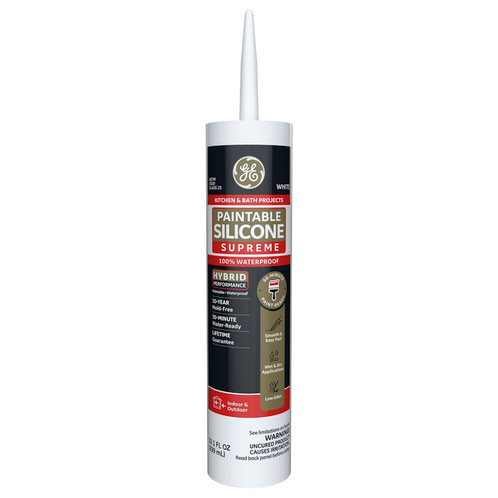 GE Supreme Paintable Silicone Caulk for Kitchen & Bathroom, White, 9.5 fl oz Cartridge, 100% Waterproof Silicone Sealant, 7X Stronger Adhesion, Shrink & Crack Proof
