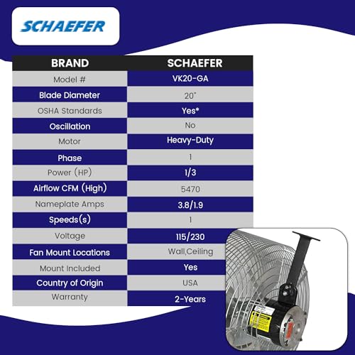 Schaefer VK20-GA Versa-Kool Air Circulator Fan W/Button Control, Ceiling Wall Mount Greenhouse Fan & Steel Guards, 5470CFM, 1/3 hp, 20" Deep Guard Commercial Fan for Patio, Industrial, Silver color