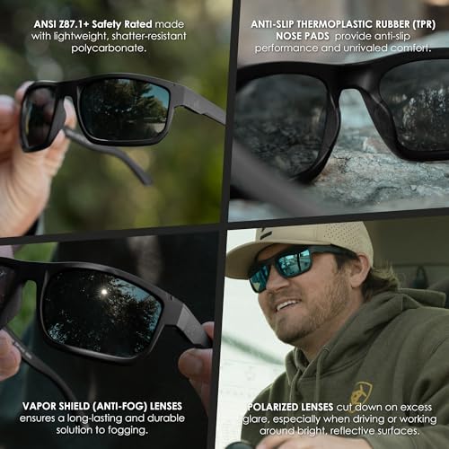 EDGE Defiance Z87 Wayfarer Safety Sunglasses (Matte Black, Polarized Smoke Vapor Shield), Polarized Vapor Shield Anti-Fog Z87 Tinted Safety Glasses, Shatter Resistant, ANSI Compliant Men's Sunglasses