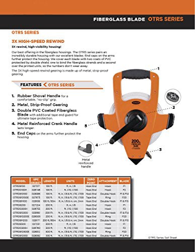 Keson OTRS10100H Fiberglass Measuring Tape with Hook, Speed Rewind (Graduations: 1/10, 1/100), 100-Foot