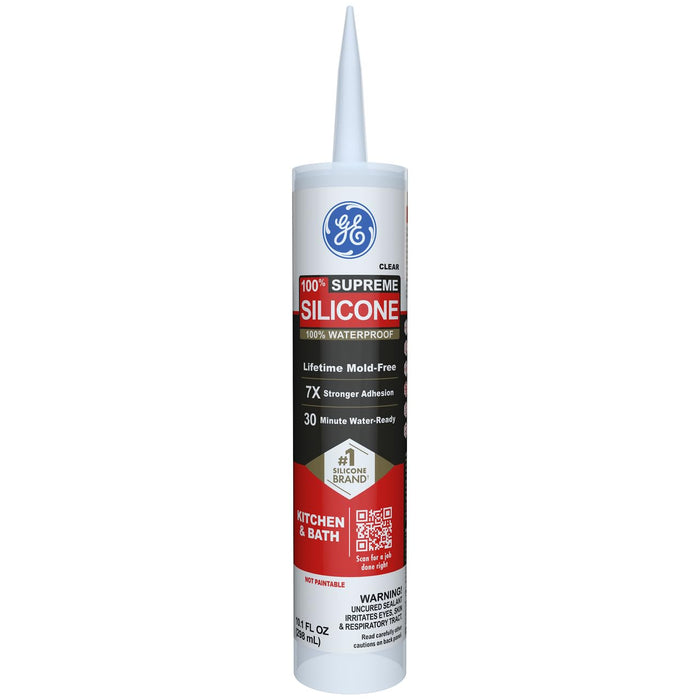 GE Supreme Silicone Caulk for Kitchen & Bathroom, Clear, 10 fl oz Cartridge, 100% Waterproof Silicone Sealant, 7X Stronger Adhesion, Shrink & Crack Proof (Pack of 1)