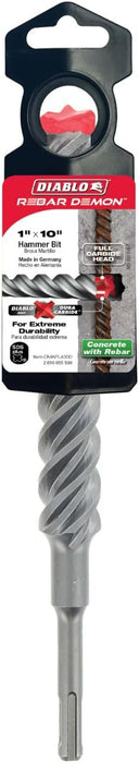 Diablo Rebar Demon SDS-Plus 4-Cutter Full Carbide Head Hammer Drill Bit - 1" Diameter, 10" Length, 8" Working Length - DMAPL4300