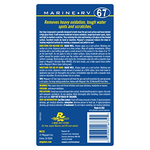Meguiar's M6732 Marine/RV One Step Compound, Remove Oxidation, Stains, Scratches, and Water Spots, Restore The Color and Shine of Fiberglass Gel Coat Finishes, 32 Oz Bottle