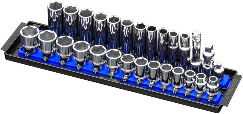 Ernst Manufacturing - 8496 Socket Boss 2-Rail 3/8-Inch-Drive Socket Organizer, 13-Inch, Blue - Made in USA