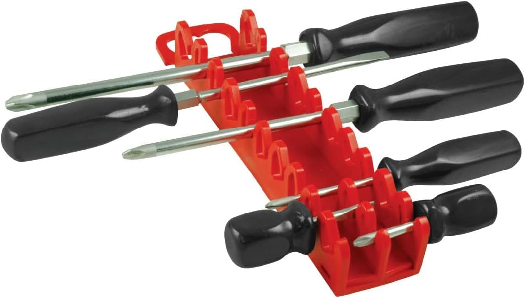 Ernst Manufacturing 10-Tool Screwdriver Gripper - Screwdriver Holder in Vibrant Red (Model 5310) with Handle for Portable or Pegboard Storage Of Your Screwdriver Set