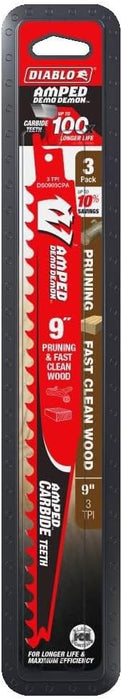Diablo DS0903CPA3 Amped Demo Demon Carbide Teeth Reciprocating Saw Blade for Pruning and Clean Wood, Carbide Tooth Design, 9" Length, 3 TPI (Pack of 3)