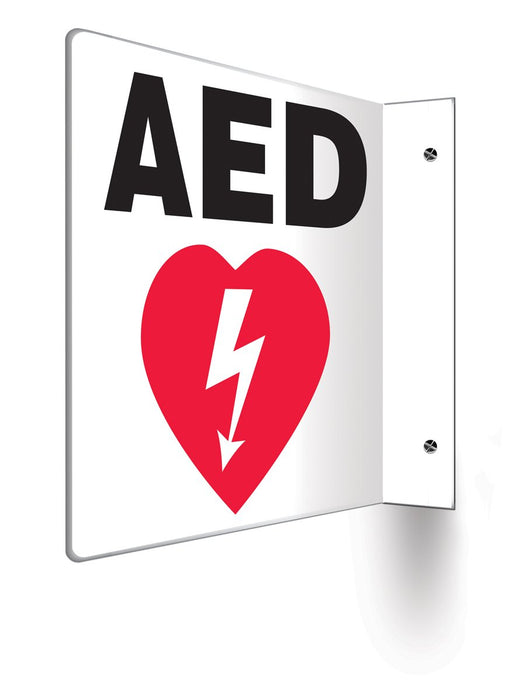 Accuform PSP708 Projection Sign 90D, "AED" with Graphic, 8" x 8" Panel, 0.10" Thick High-Impact Plastic, Pre-Drilled Mounting Holes, Red/Black on White 90 Degree Projection
