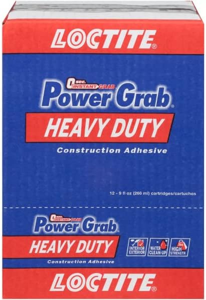 Loctite 2032666 Power Grab Express Heavy Duty Construction Adhesive, 9 fl oz Cartridge, Versatile Construction Glue for Cement, Tile, Wall & More (Pack of 12)
