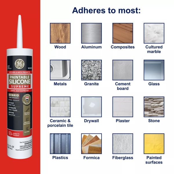 GE Supreme Paintable Silicone Caulk for Kitchen & Bathroom, White, 9.5 fl oz Cartridge, 100% Waterproof Silicone Sealant, 7X Stronger Adhesion, Shrink & Crack Proof (Pack of 12)