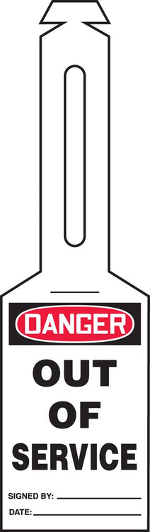 Accuform TAL354 Plastic Loop 'n Strap Tag, "Danger Out of Service", 5-1/4" Length x 3-1/4" Width with 6" Strap (Pack of 25)
