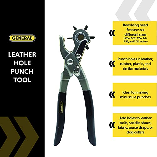 General Tools Leather Hole Punch Tool - 6 Multi-Hole Sizes for Leather, Rubber, & Plastic - Hobbies & Crafts 8.5 inches