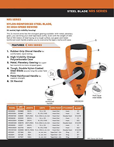Keson NRS10100H Nylon-Reinforced Steel Blade Tape Measure, Speed Rewind (Graduations: 1/10, 1/100), 100-Foot