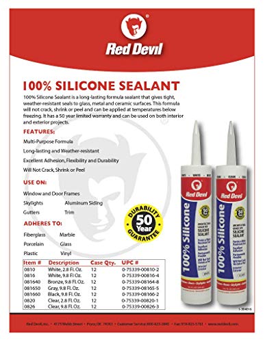 Red Devil 0826 100% Silicone Sealant Architectural Grade, Silicone Architectural Grade RTV Sealant, A Water-Resistant Adhesive for Interior and Exterior Use, 9.8 oz. Tube, Clear, 12 Pack