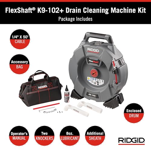 RIDGID 76193 FlexShaft K9-102+ Drain Cleaning Machine for 1 1/4-2" (32-50 mm) Pipes with 50' (15,2 m) 1/4" (6 mm) Cable and Kit