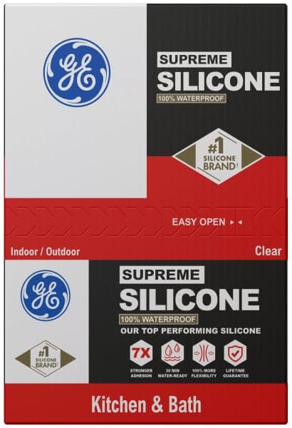 GE Supreme Silicone Caulk for Kitchen & Bathroom, Clear, 10 fl oz Cartridge, 100% Waterproof Silicone Sealant, 7X Stronger Adhesion, Shrink & Crack Proof (Pack of 12)