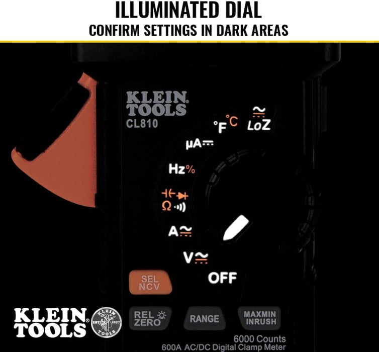 Klein Tools CL810 600A AC/DC Auto-Ranging Digital Pro Clamp Meter with Worklight