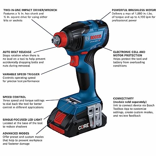 BOSCH GDX18V-1860CN 18V Connected-Ready Two-In-One 1/4 In. and 1/2 In. Bit/Socket Impact Driver/Wrench