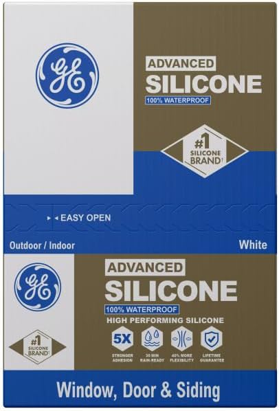 GE Advanced Silicone Caulk for Window & Door, White, 10 fl oz Cartridge - 100% Waterproof Silicone Sealant, 5X Stronger Adhesion, Shrink & Crack Resistant (Pack of 12)