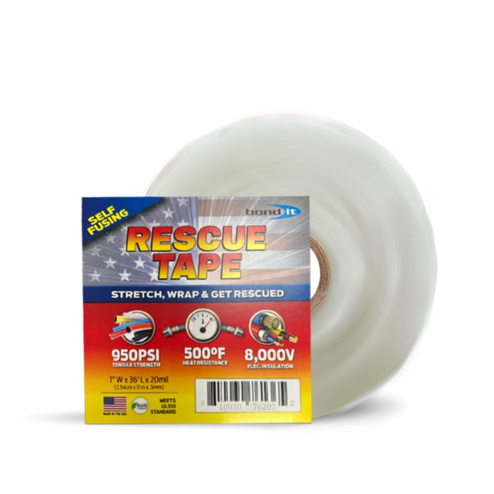 Bond It Rescue Tape, Self-Fusing Silicone Tape, Emergency Plumbing Pipe & Radiator Hose Repair, Electrical Insulation, Waterproof, 950PSI, 1" Width x 36' Length x 0.02" Thick, White Clear 1" x 36' x 20mil