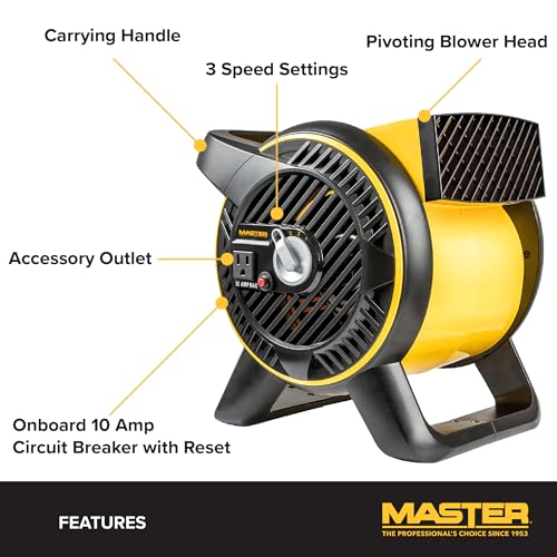 Master High-Velocity Pivoting Head Blower Fan � Utility Air Mover for Drying or Ventilating Home or Construction Site. Daisy chain compatible (MAC-310A-120)