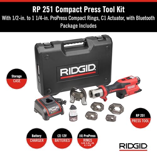 RIDGID 78198 RP 251 Press Tool Battery Kit with ProPress Rings (1/2"-1-1/4") and C1 Actuator