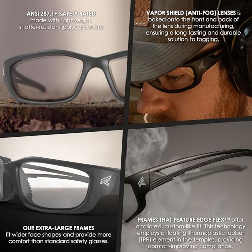 EDGE SK-XL111VS Kazbek XL Wrap-Around Safety Glasses, Anti-Scratch, Non-Slip, UV 400, Military Grade, ANSI/ISEA & MCEPS Compliant, XL Wide Fit, Black Frame/Clear Lens