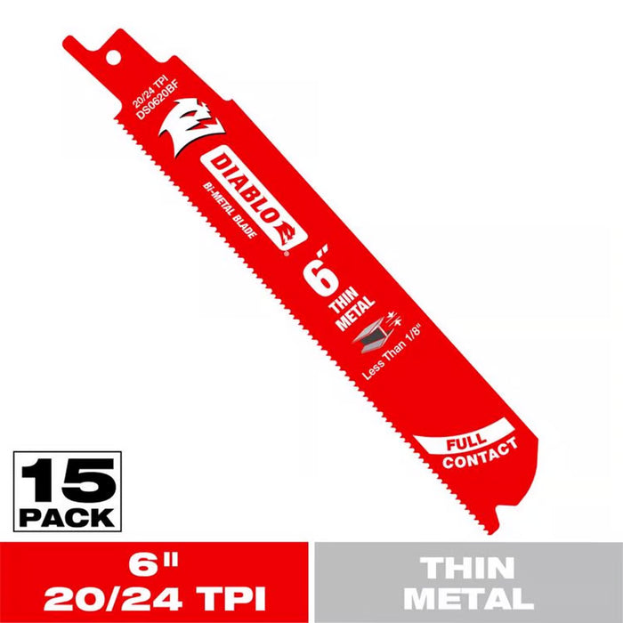 Diablo DS0620BF15 6" Bi-Metal Recip Blade for Thin Metal, 20/24 TPI (Pack of 15)