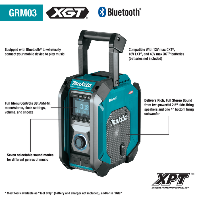 Makita GRM03 40V max XGT Cordless/Corded Bluetooth Job Site Radio, Tool Only
