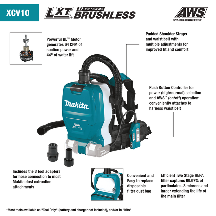 Makita (XCV10ZX) 18V (X2 36V) LXT 1/2 Gallon HEPA Backpack Dry Dust Extractor (Bare Tool)