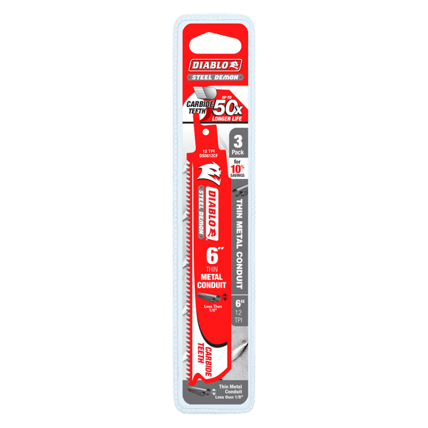 Diablo DS0612CF3 6" Steel Demon Carbide Recip Blades for Medium Metal Cutting, 12 TPI (Pack of 3)