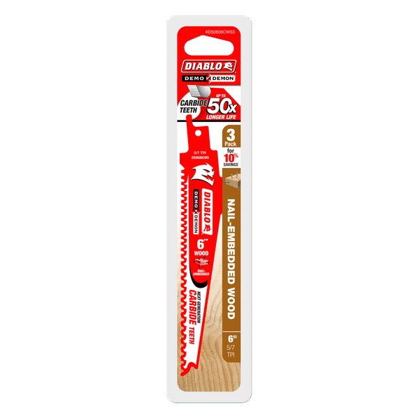 Diablo DS0606CWS3 6" Demo Demon Carbide Recip Blade for Nail-Embedded Wood, 5/7 TPI (Pack of 3)