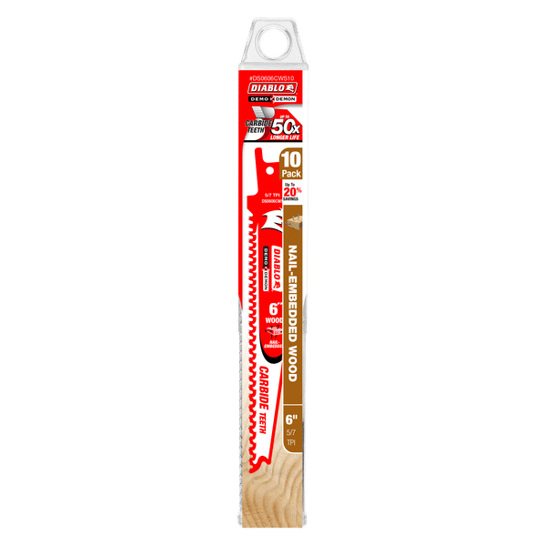 Diablo DS0606CWS10 6" Demo Demon Carbide Recip Blade for Nail-Embedded Wood, 5/7 TPI (Pack of 10)