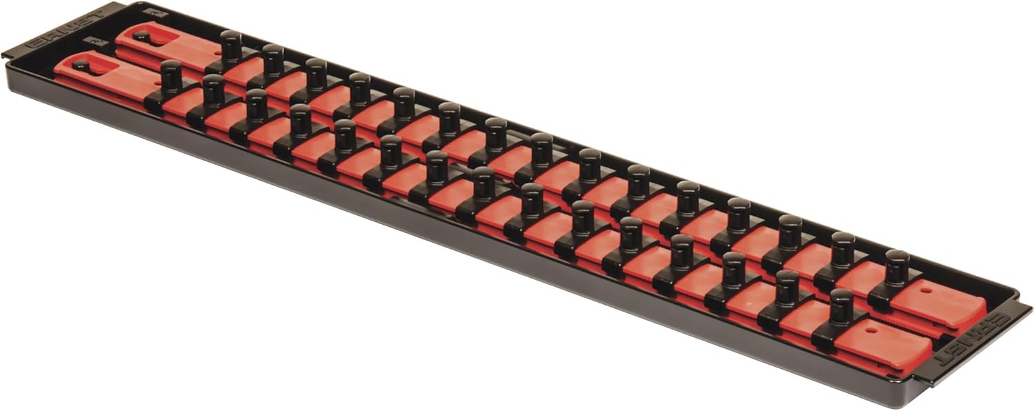Ernst Manufacturing - 8453 Socket Boss 2-Rail 3/8-Inch-Drive Socket Organizer, 19-Inch, Red - Socket Storage Tray and Organization System for Mechanics and Automotive Service Technicians - Made in USA 19-INCH 3/8" Red