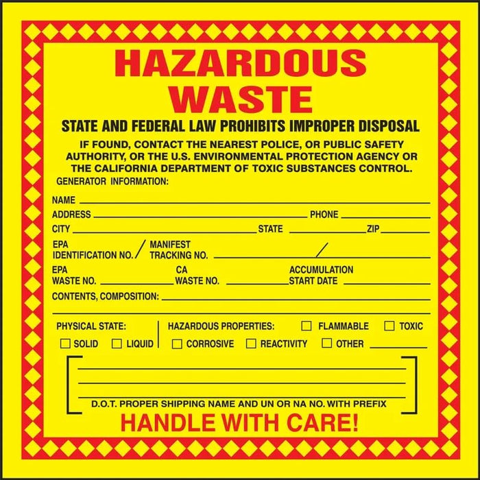 Accuform MHZWCAEVP Hazardous Waste Label, Adhesive-Poly Vinyl, "Hazardous Waste - State and Federal Law Prohibits Improper Disposal. Handle with Care", 6" x 6" (Pack of 25)