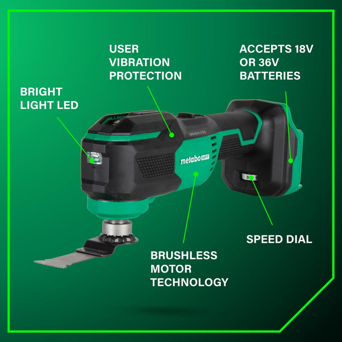 Metabo HPT 18V MultiVolt Cordless Oscillating Multi-Tool, Low Vibration Design, Universal Tool Design, 6 Speed Settings, User Vibration Protection, Starlock, Tool Body Only, CV18DAQ4