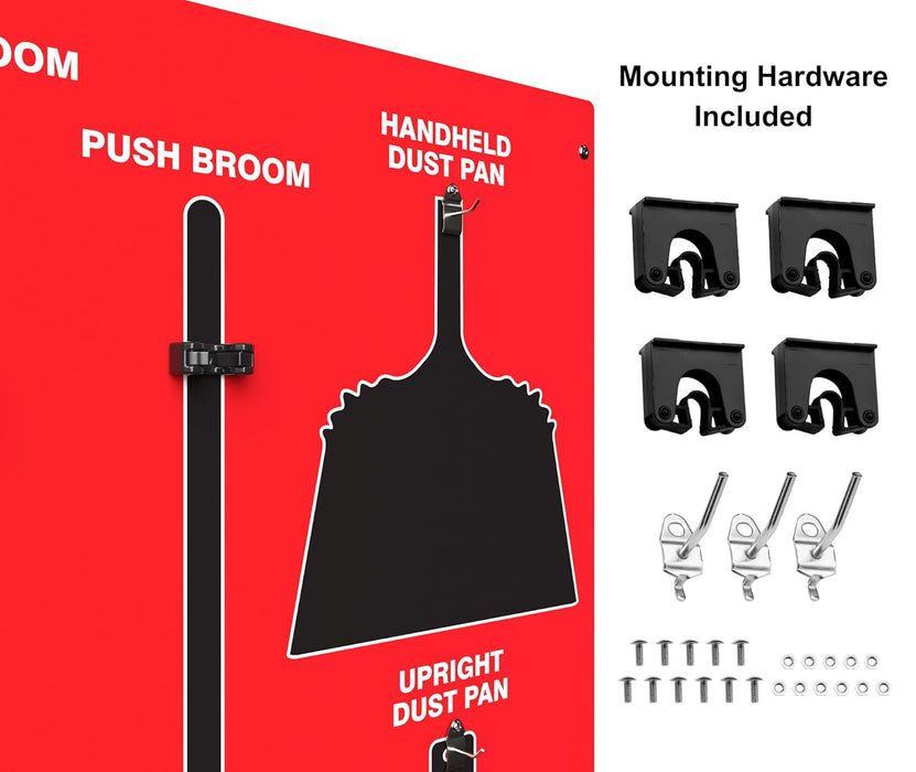 Clean & Sweep 5S Shadow Board/Wall Mount Broom Holder, 68" x 30" Board, 5S Cleaning Station - with Broom and Dustpan Set Included, PSB116RDBK Red/Black Accu-Shield