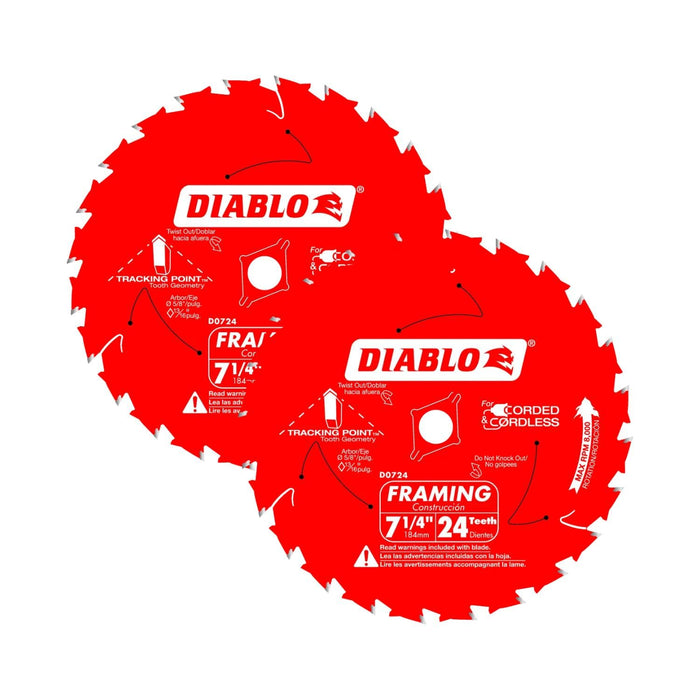 Diablo D0724 Framing Saw Blade with Perma-Shield, Tracking Point Tooth Design for Efficient Cutting, 7-1/4" x 24-Tooth (Pack of 2)