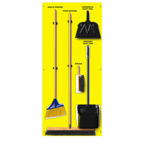 Clean & Sweep PSB116YLWT 5S Shadow Board/Wall Mount Broom Holder, 68" x 30" Board, 5S Cleaning Station with Broom and Dustpan Set Included, Yellow/White