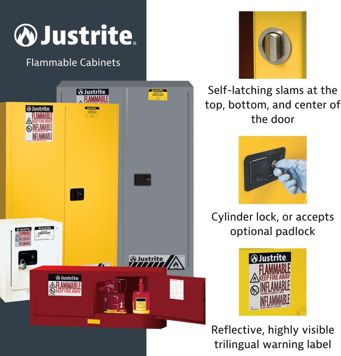 Justrite 896000 60 Gallon Manual Close Flammable Storage Cabinet, 18 Gauge Steel, 2 Shelves, 2 Door Fire Cabinet, 65" x 34" x 34", Yellow